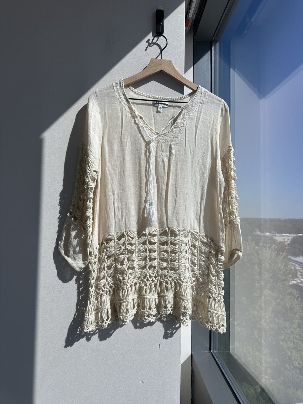Neiman Marcus Bohemian Hippie Coastal Cream Lace Peasant Blouse Sz S